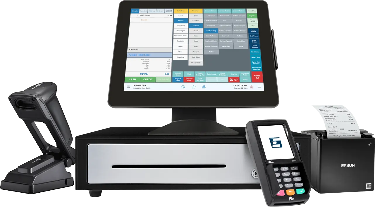 Exatouch POS System - Touchscreen Terminal, Barcode Scanner, Cash Drawer, Card Terminal, Receipt Printer